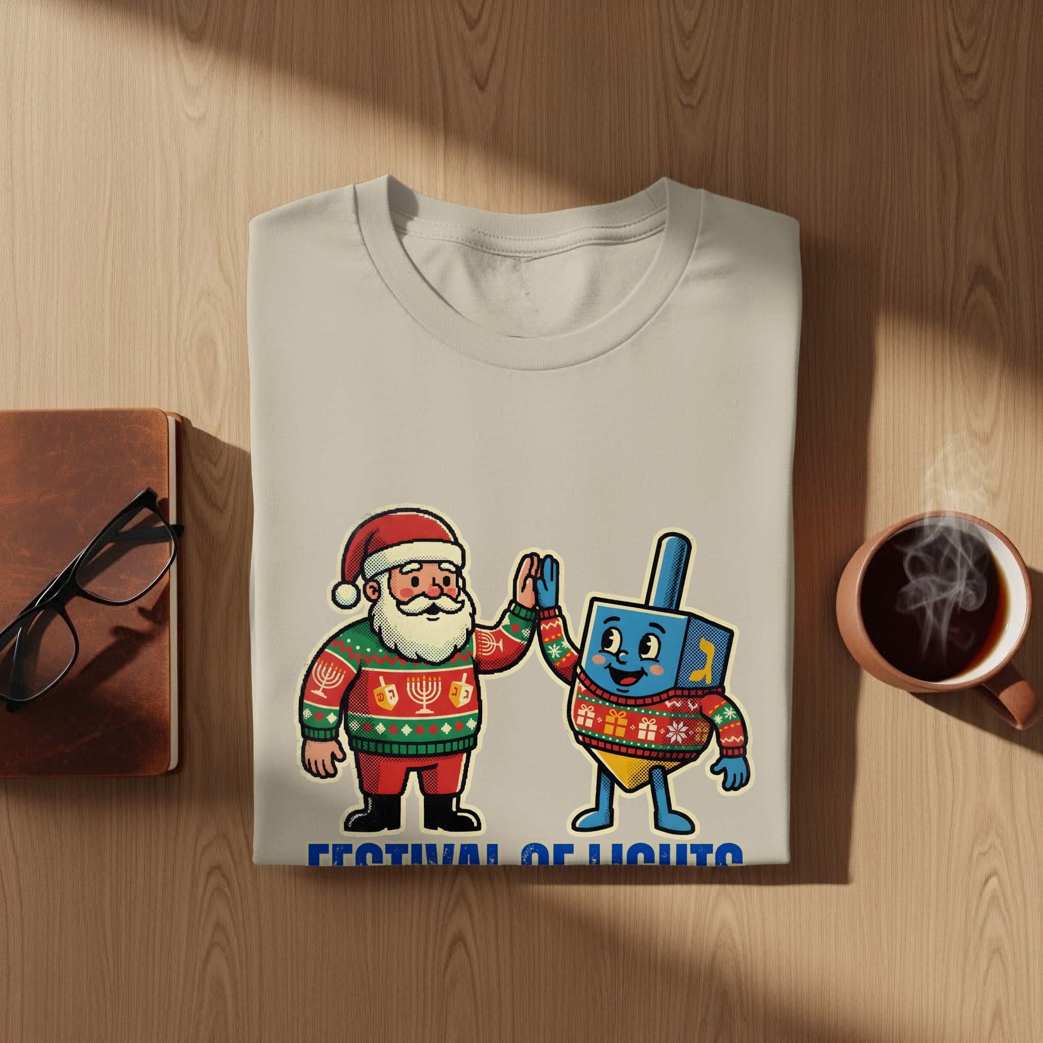 1607200b-b4ea-444f-bde1-efff3d0f3ac9 Festival of Lights and Late Nights Santa Dreidel T-Shirt