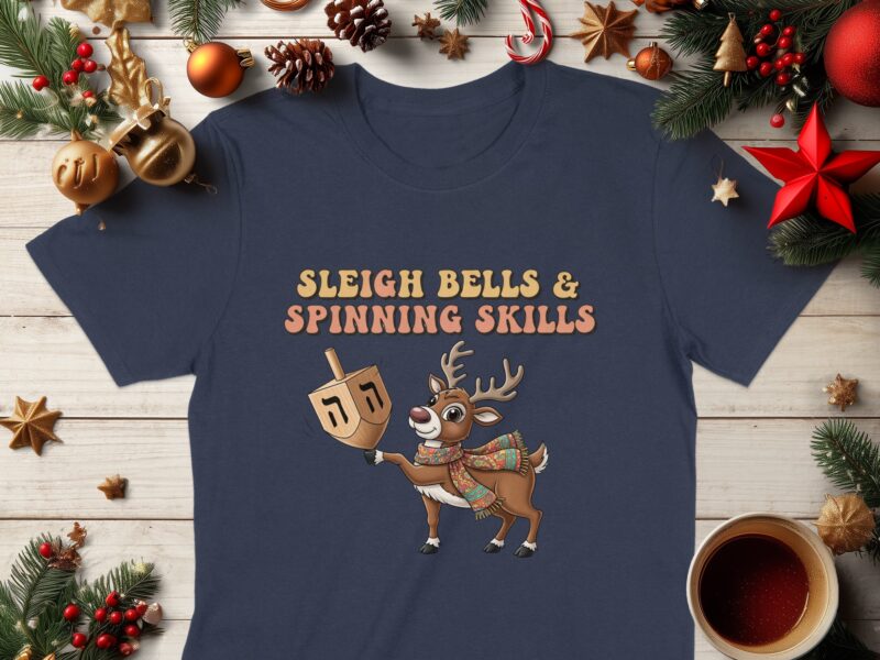 Sleigh Bells Spinning Skills with Deer Hanukkah T-Shirt