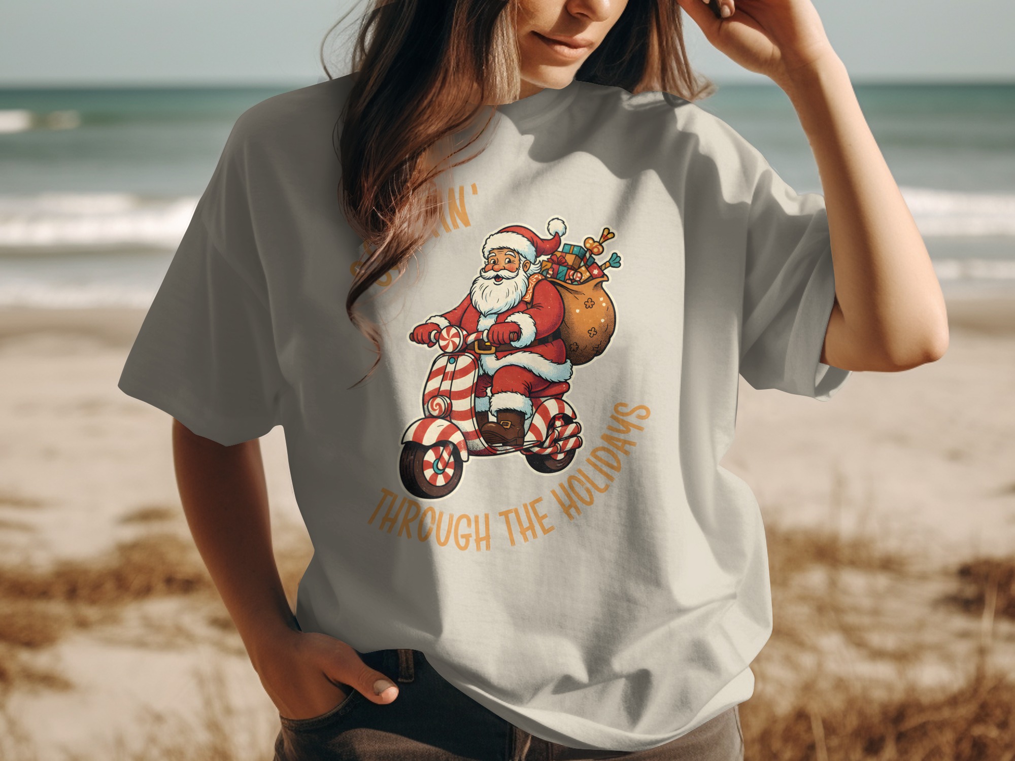 3ef183fb-a8b1-487d-8c87-5c17931e6db9 Scootin Through The Holidays Santa Christmas Ride T-Shirt