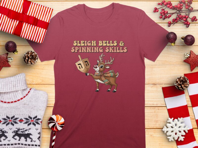 Sleigh Bells Spinning Skills with Deer Hanukkah T-Shirt