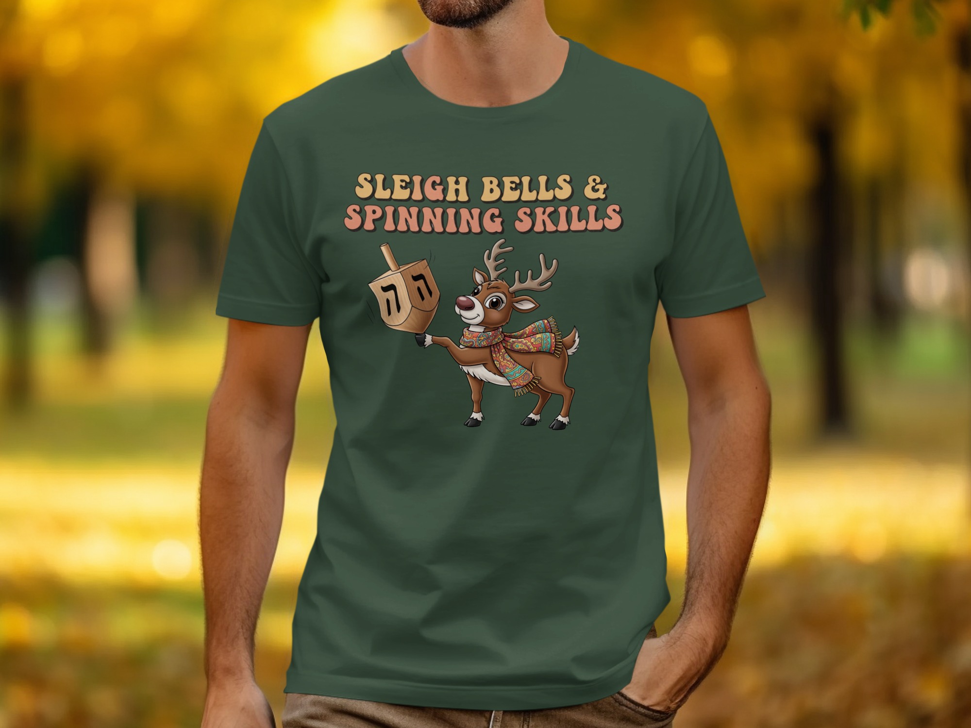 49385901-5979-4240-913f-81df1befa1e4 Sleigh Bells Spinning Skills with Deer Hanukkah T-Shirt
