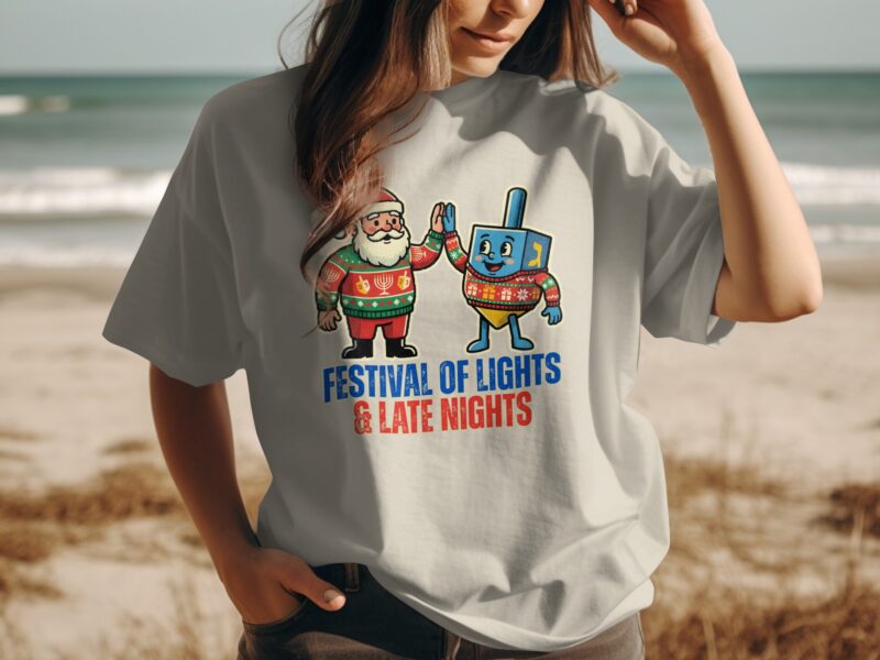 Festival of Lights and Late Nights Santa Dreidel T-Shirt
