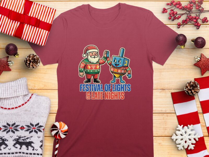 Festival of Lights and Late Nights Santa Dreidel T-Shirt