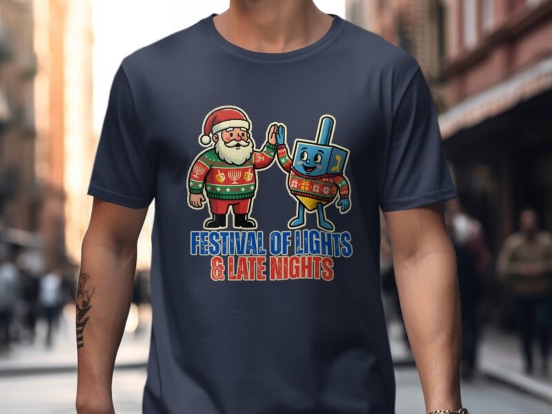 Festival of Lights and Late Nights Santa Dreidel T-Shirt