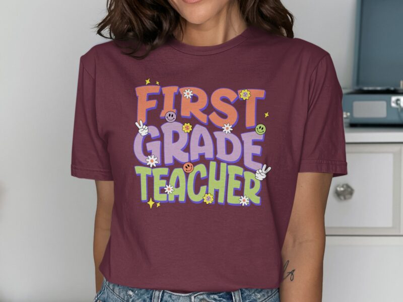 Retro First Grade Teacher Shirt | Groovy Daisy Tee