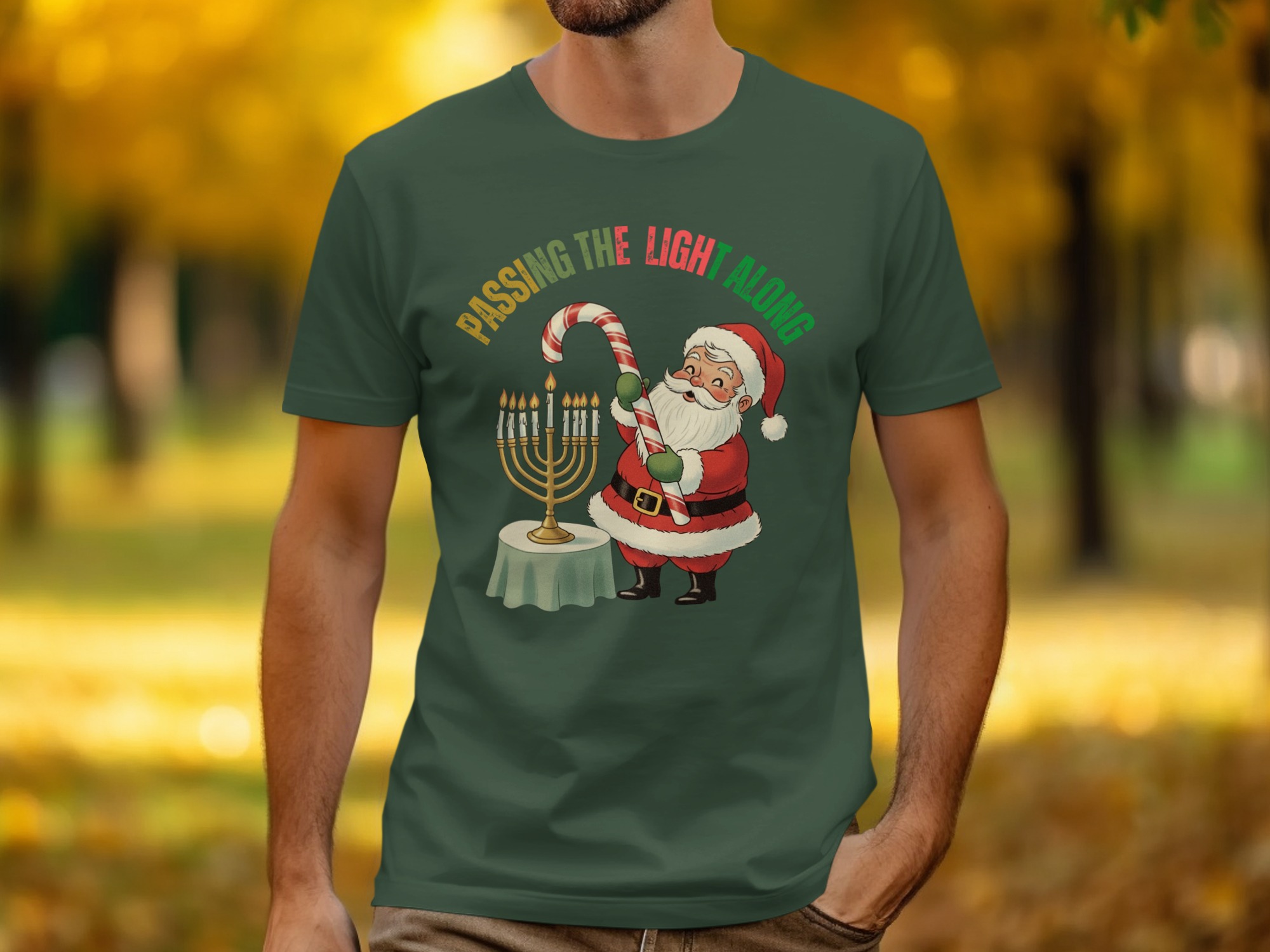 8e0d8014-a02e-4a47-b421-44423491dab4 Passing The Light Along Christmas Hanukkah Santa T-Shirt