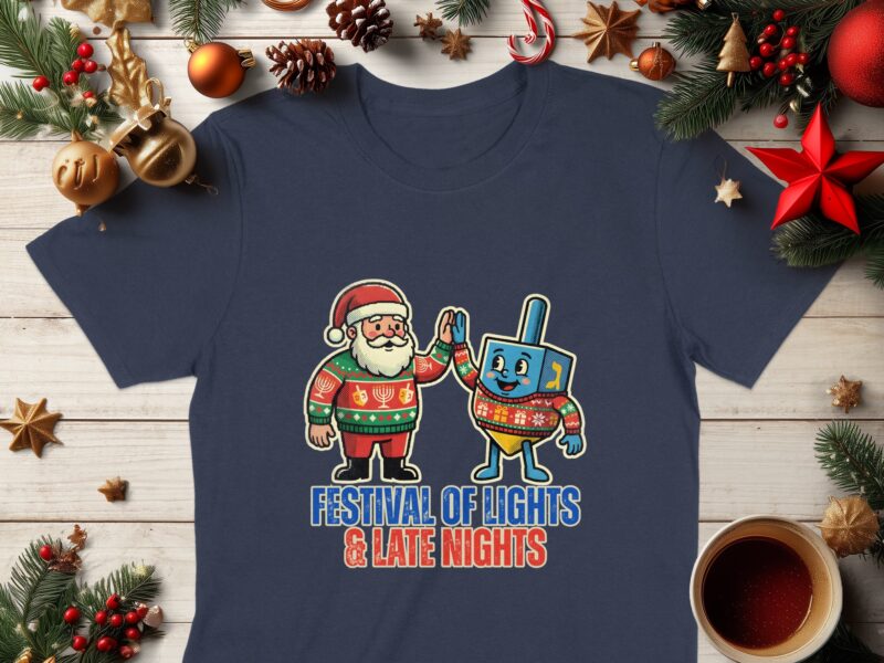 Festival of Lights and Late Nights Santa Dreidel T-Shirt