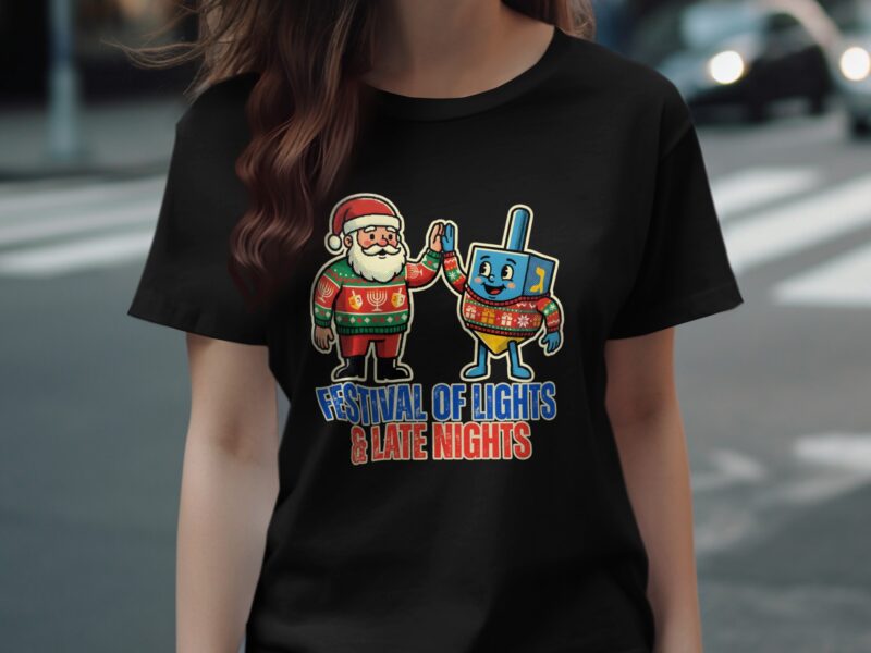 Festival of Lights and Late Nights Santa Dreidel T-Shirt