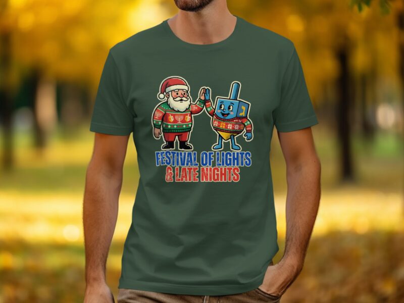 Festival of Lights and Late Nights Santa Dreidel T-Shirt