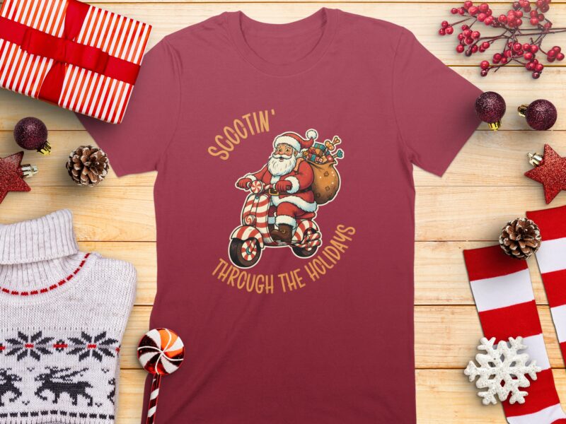 Scootin Through The Holidays Santa Christmas Ride T-Shirt