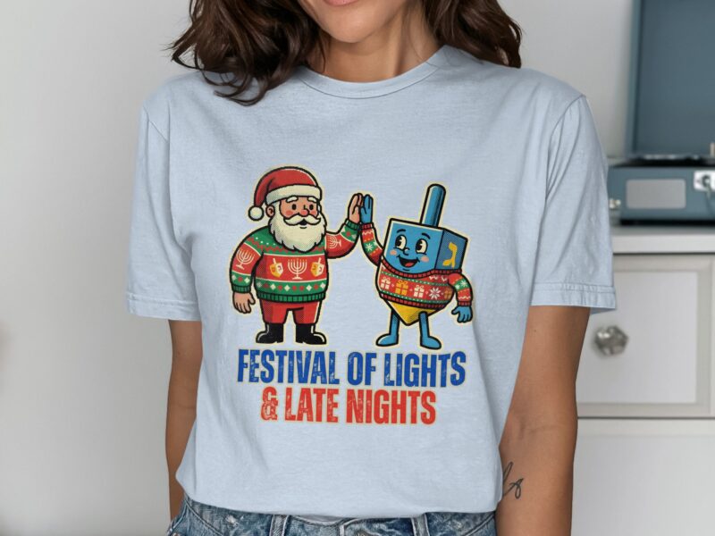 Festival of Lights and Late Nights Santa Dreidel T-Shirt