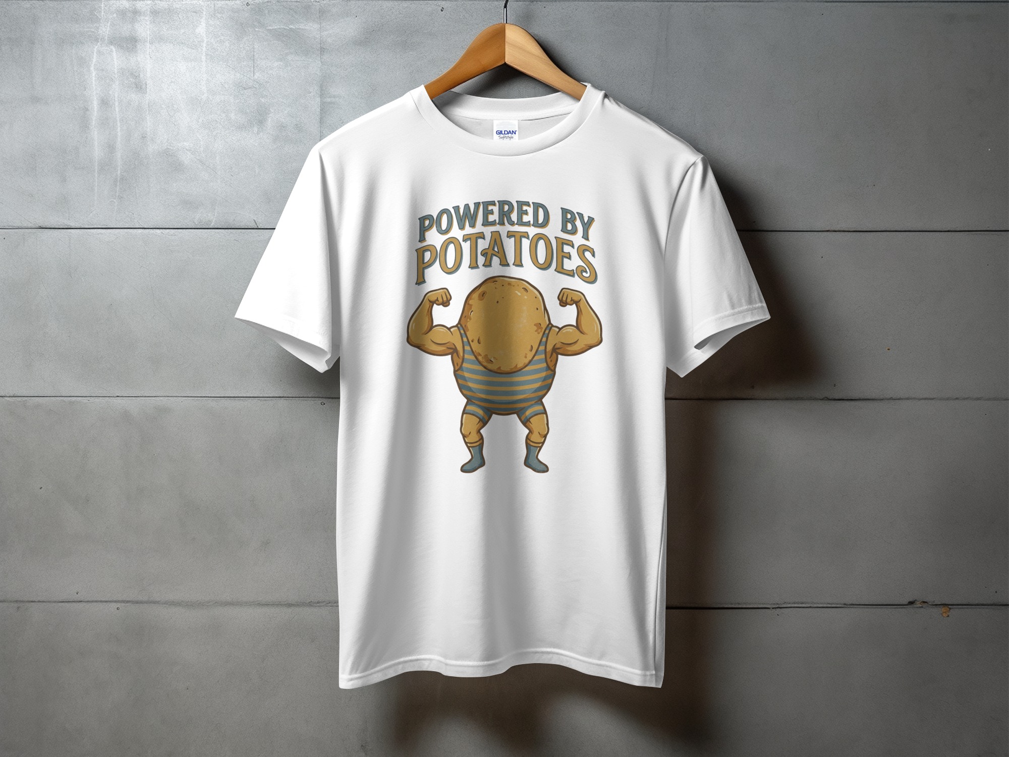 fed4102a-4adf-4f07-a2f3-caf85e49634c Powered By Potatoes Potato Man With Muscles T-Shirt