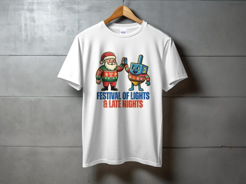 Festival of Lights and Late Nights Santa Dreidel T-Shirt