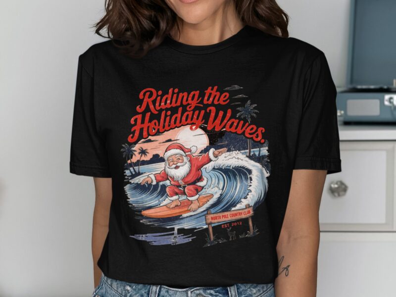 Vintage Surfing Santa Christmas T-Shirt